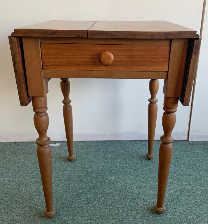 19th C. Virginia Work Table: Country Sheraton Walnut Work Table with drop leaves, from a prominent Eastern Shore, Virginia estate, single drawer. H: approx. 28". W: closed approx. 21". D: approx. 18".