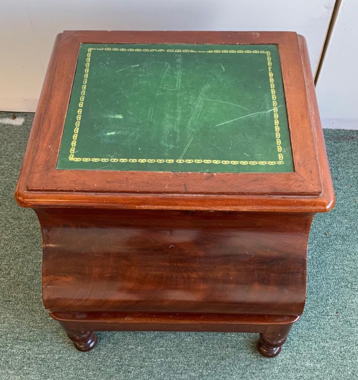 19th C. Bed Steps / Commode: Mahogany, lift lid with scuffed leather insert over potty, sliding step, turned legs. H: approx. 16 1/2" closed. W: approx. 17". D: approx. 19 1/2".