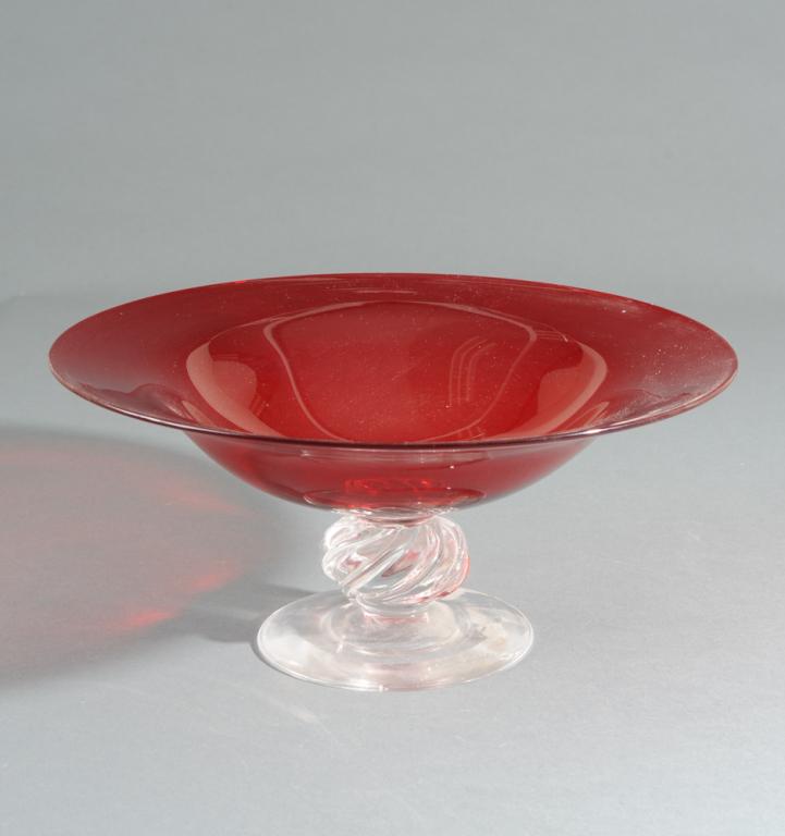 Large Red Glass Compote: Clear glass base, probably Pairpoint, small chip to base. H: approx. 6 1/4". Dia: approx. 14".
