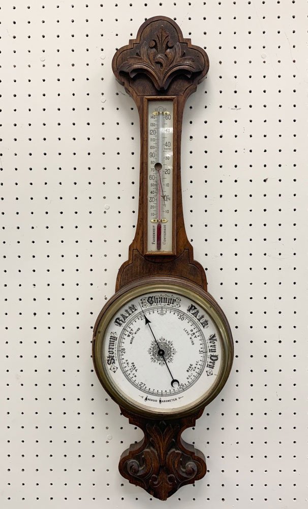 Early Aneroid Wall Barometer: Walnut case, in as-found condition. H: approx. 32".