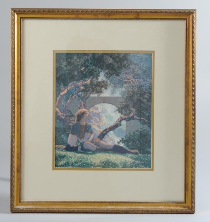 Maxfield Parrish Print: Marked lower left "House of Art". Image: approx. 11" x 9 1/2". Frame: approx. 19 3/4" x 18".
