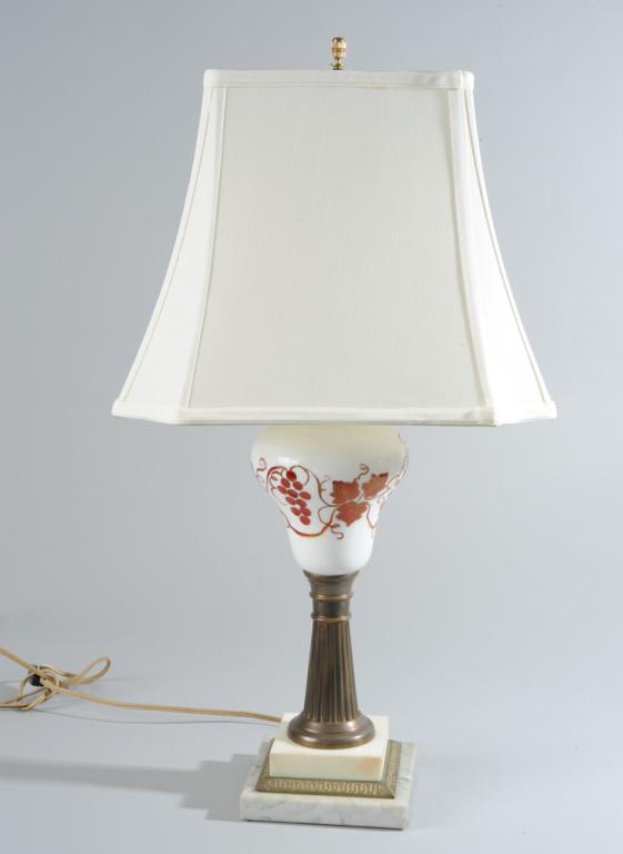 Antique Fluid Lamp: Converted to electricity, glass font with grape motif, marble and brass base. H: approx. 25".