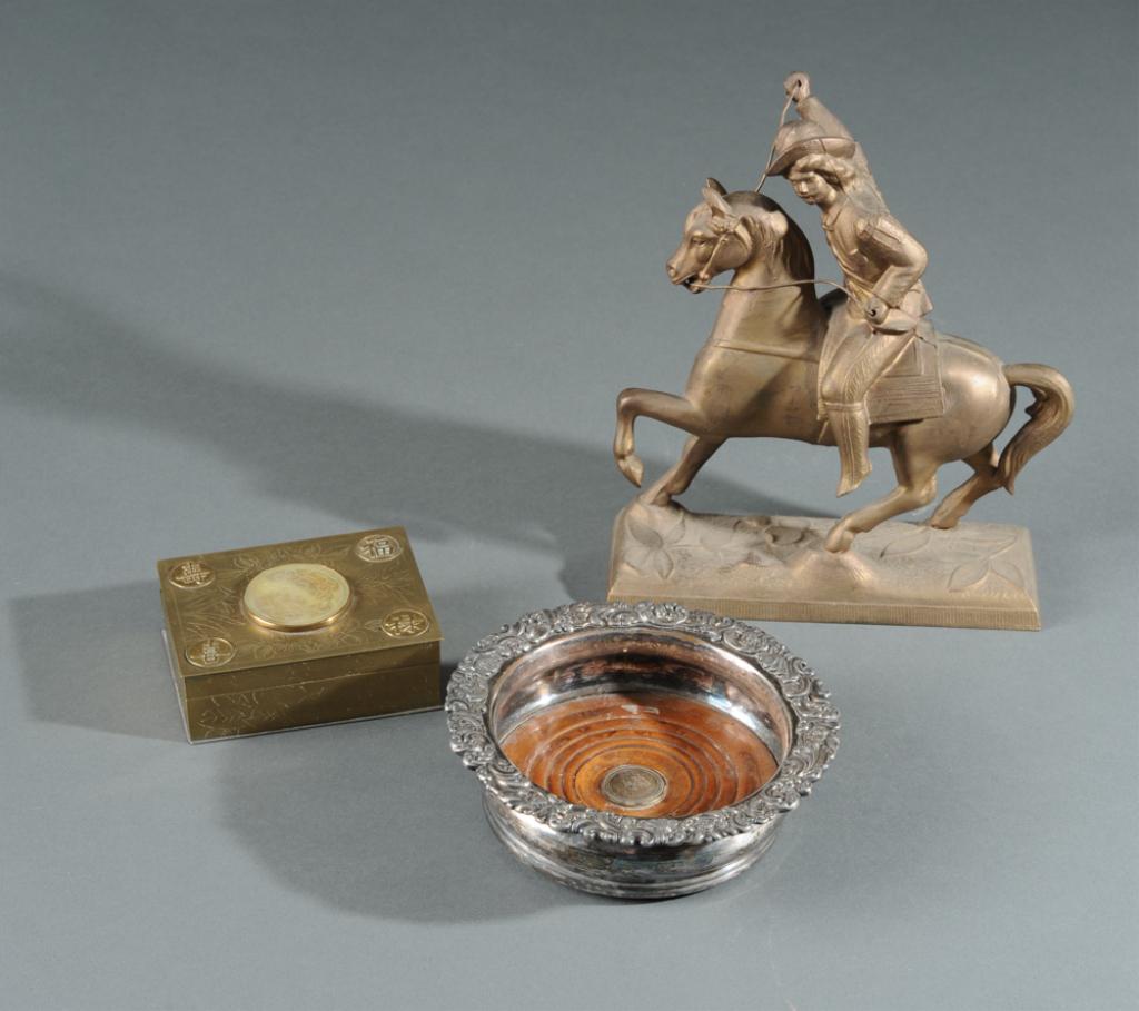 Mixed Lot: To include an early English wine coaster, Spelter figure of cavalier on horseback, and a Chinese brass box. Tallest: approx. 9 1/4".