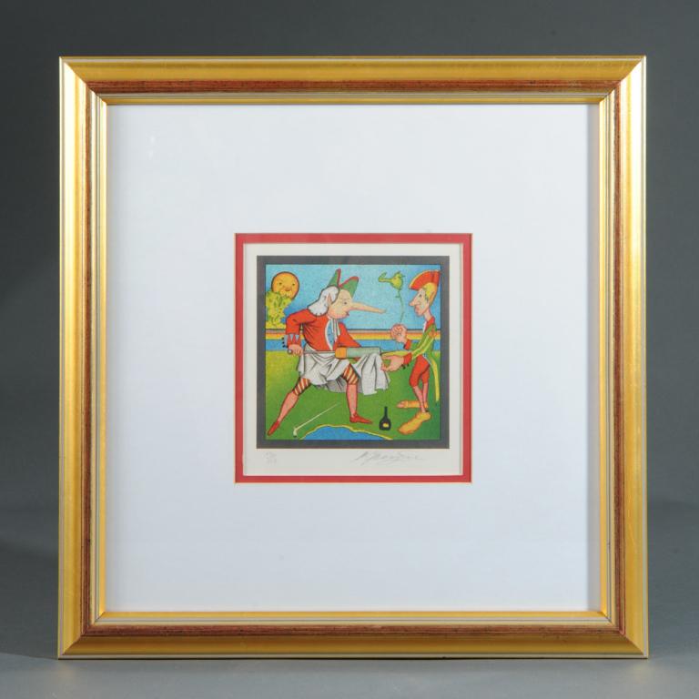 Mihail Chemiakin Lithograph: St. Petersburg Carnival series lithograph, signed lower right, numbered lower left. Image: approx. 6 1/2" x 6 1/2". Frame: approx. 16 1/2" x 16 1/2".