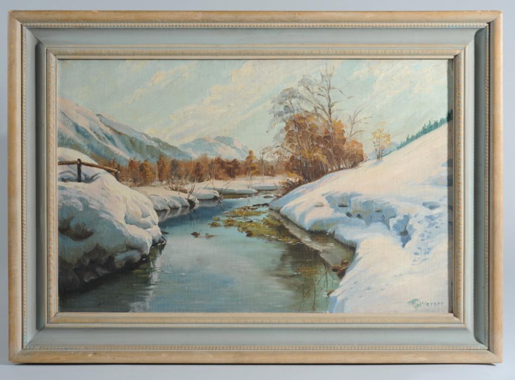 H. Werner Oil on Board: Snow scene, signed lower right. Image: approx. 13" x 20". Frame; approx. 17 1/2" x 241/2".