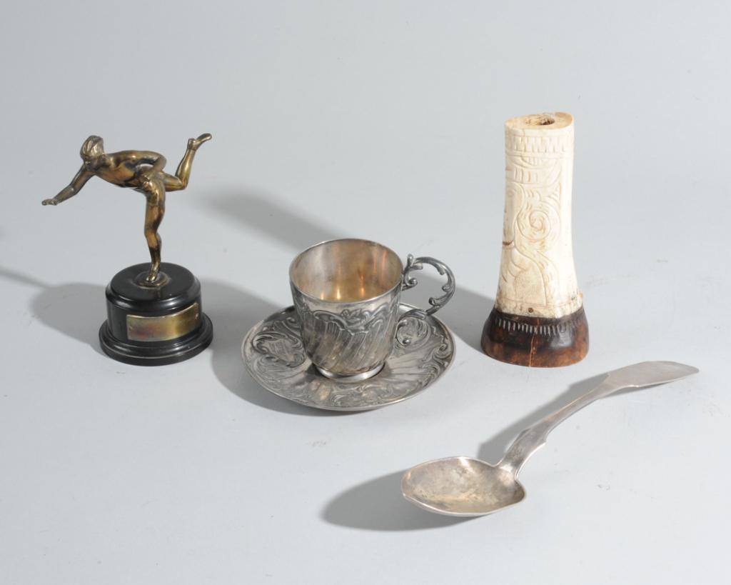 Mixed Lot: Includeing a Christofle Gallia silverplate cup and saucer, Henry Hayman coin silver spoon, unusual carved horn and mid century runner trophy. Tallest approx. 5 1/2".