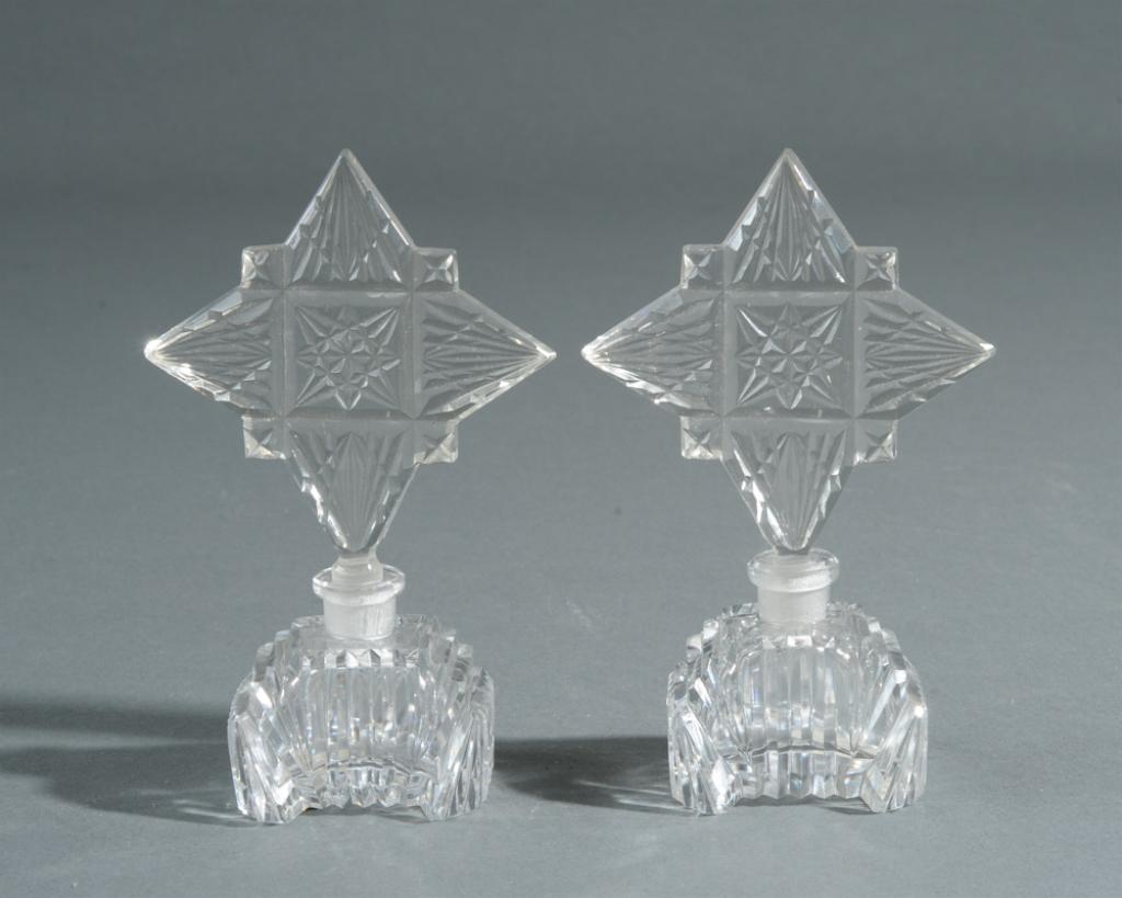 Pair of Czech Cut Glass Perfume Bottles: Paper labels,"Irving W Rice & Co New York, Made in Czechoslovakia." H: approx. 5 3/4".