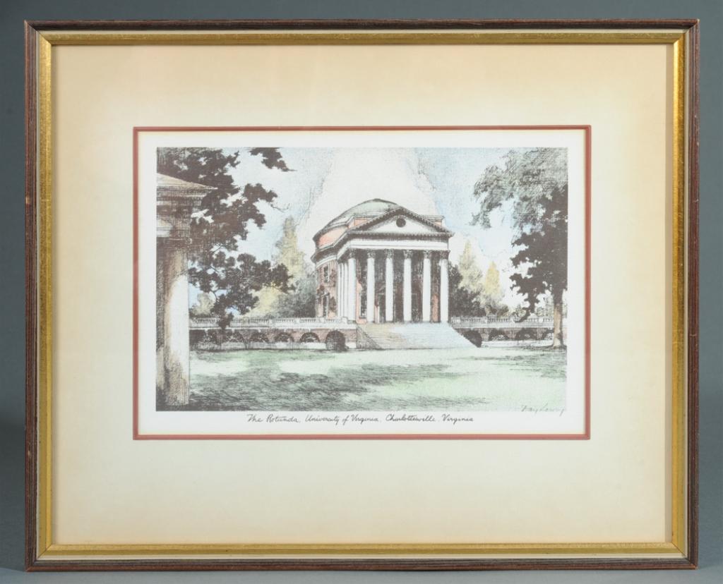 Day Lowry Print of the Rotunda: Titled "The Rotunda University of Virginia, Charlottesville, Virginia", framed by Paul Victorious. Image: approx. 7" x 10". Frame: approx. 12 1/4" x 14 3/4".