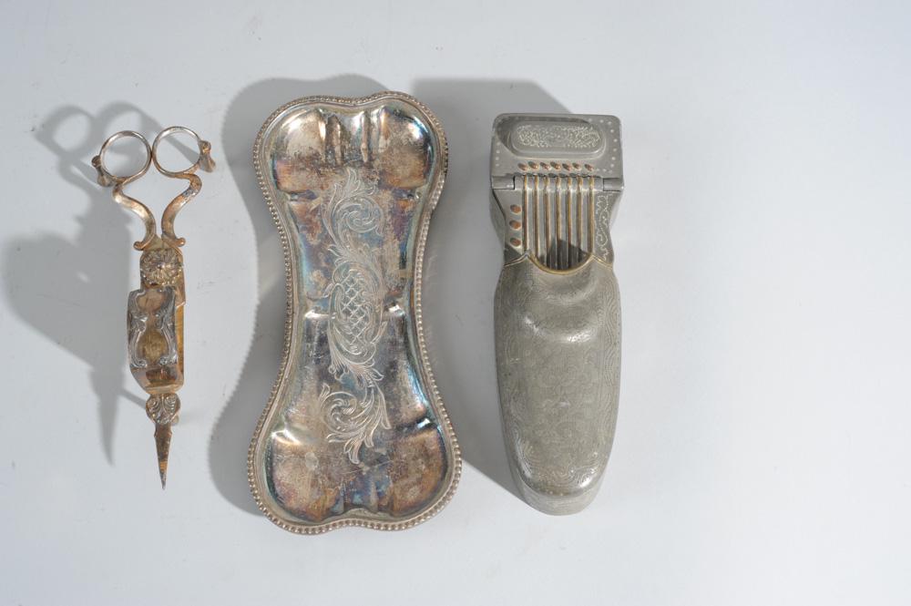 Mixed Lot: To include an unusual antique Chinese pewter lady's make-up case with mirror to interior, and a 19th century candle snuffer with tray. Longest: approx. 8 1/4".