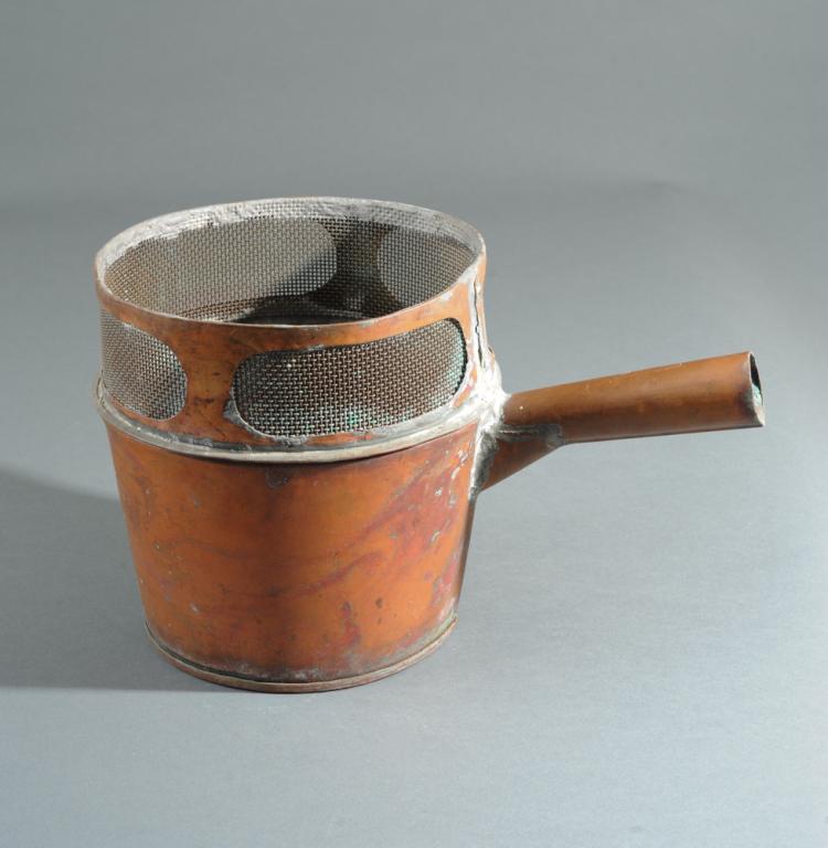 Unusual Antique Copper Pot: With openwork. H: approx. 8 3/4". L: approx. 14".