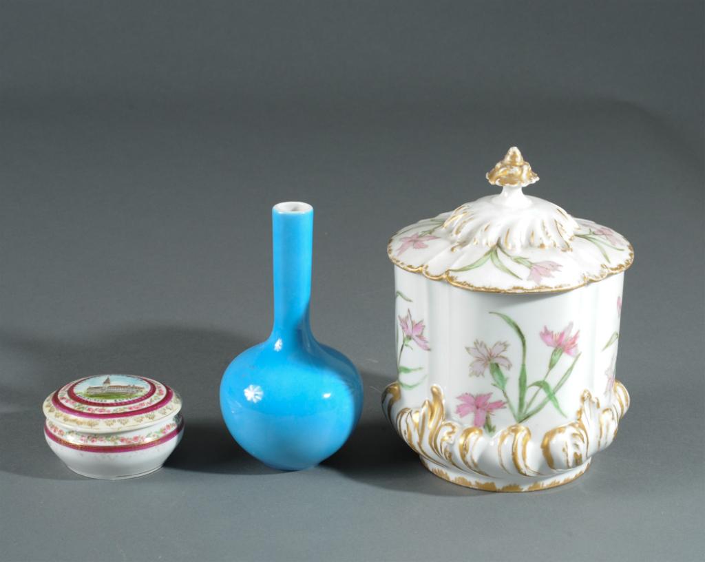 Mixed Lot: 19th century French cracker jar, Chinese monochrome vase (unmarked), and a German Pin box "Hamburger Rat House". Tallest: approx. 7".