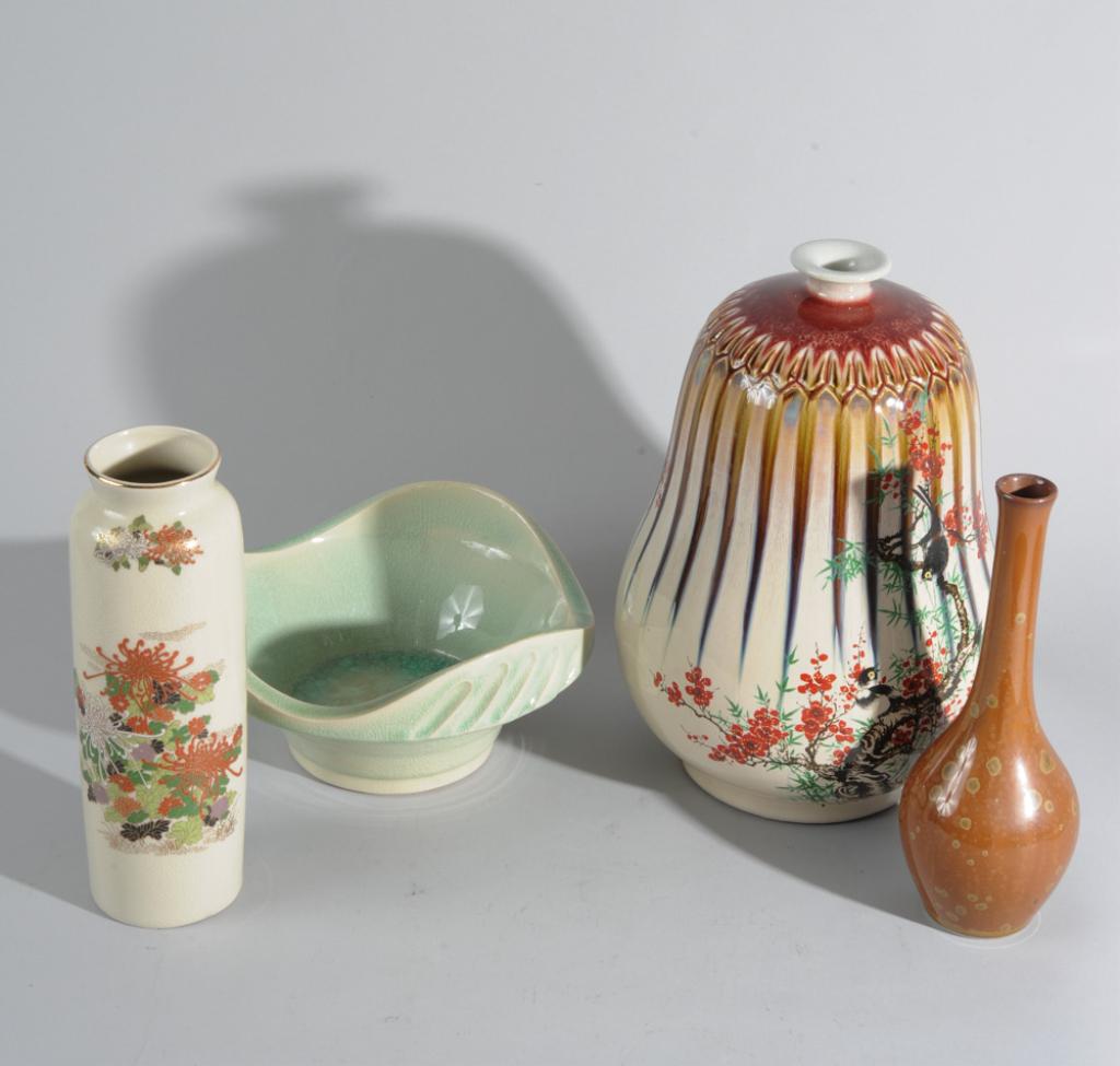 Asian Lot: To include a Korean Celadon bowl, ornate Chinese Vase with birds on tree limbs, Japanese art pottery vase and a floral vase. Tallest: approx. 11 1/2".