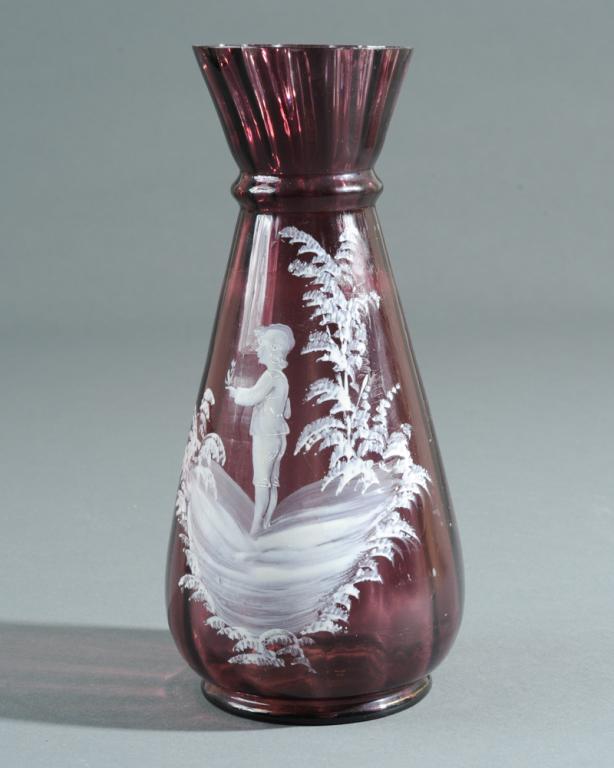 Mary Gregory Vase: Amethyst color, child in snowy landscape. H: approx. 9 1/2".