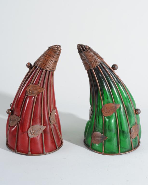 Two Arts and Crafts Horn of Plenty Vases: One red, one green. L: approx. 12".