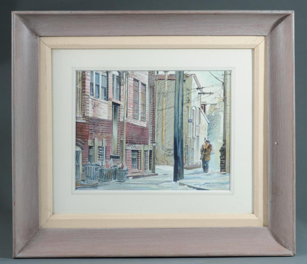 C. Booth Farcus (1914 - 1997) Watercolor: Singed and dated (19)89 lower right and titled "The Scavenger of Market Street, Fredericksburg Virginia." Image: approx. 10" x 12 1/2". Frame: approx. 19 1/2" x 22".