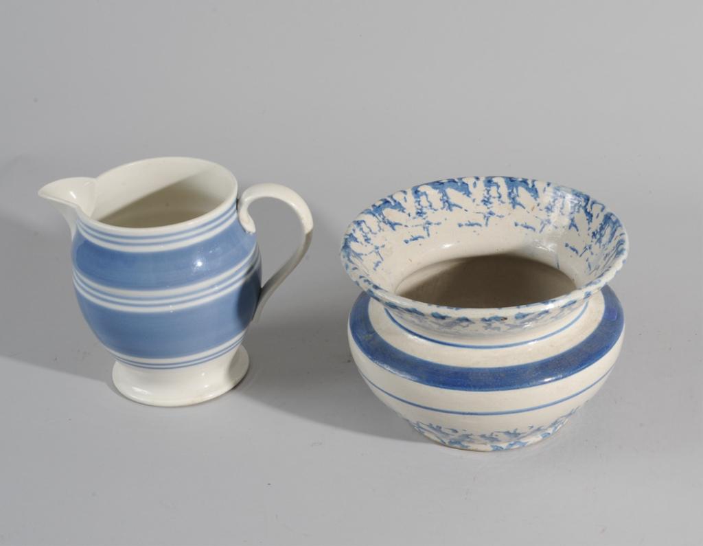 Spongeware Spittoon & Mochaware Pitcher: Spittoon with blue & white design, Sparrow's beak blue & white banded Mochaware pitcher with hairline to handle. Tallest: approx. 6".
