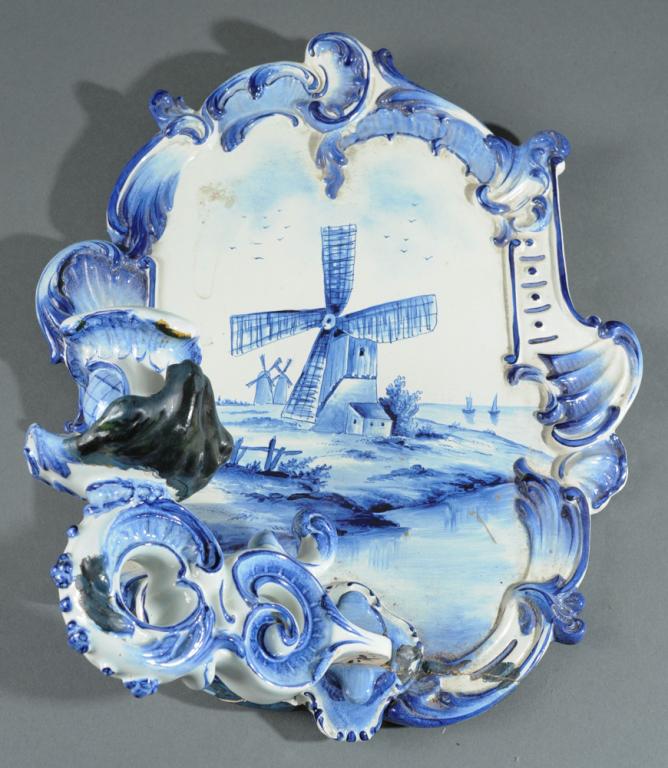 Delft Wall Sconce: Artist signed, marked to back, single arm, as-is / repaired. H: approx. 14".