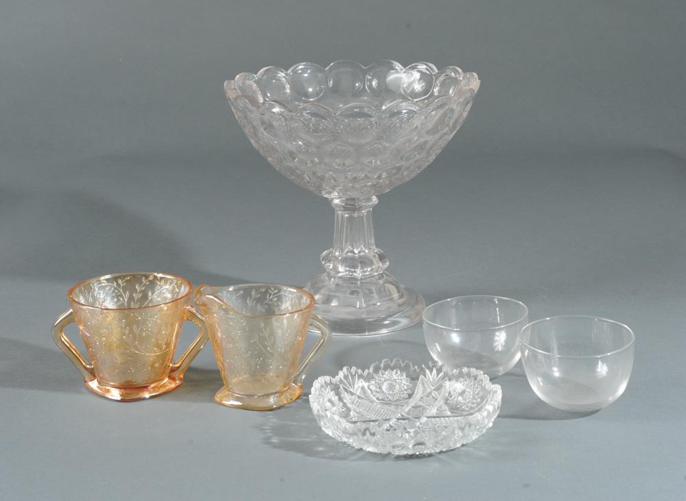 Glass Lot: To include a Flint glass honeycomb compote with base flaw, Depression glass sugar & creamer, small cut glass bowl, etc. Tallest: approx. 8 1/2".