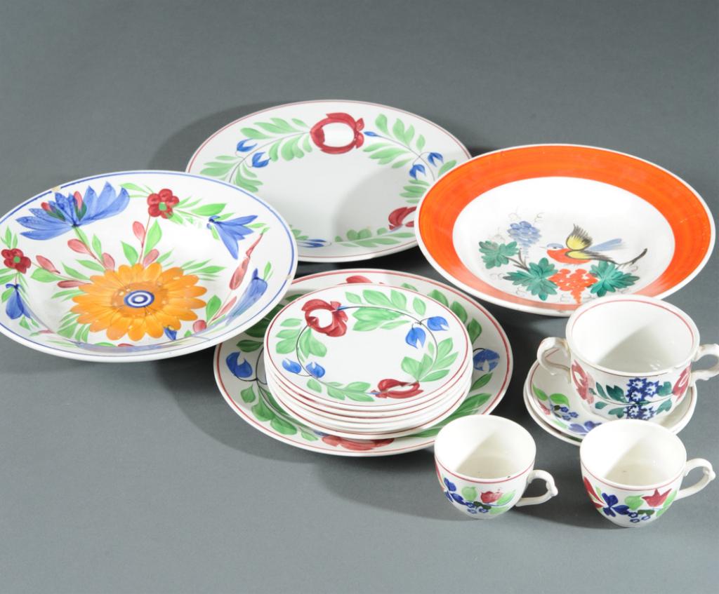 Large Lot Spongeware: Including circa 1900 bowl, cup and saucer, set of 6 small plates, etc. Largest dia: approx. 10".