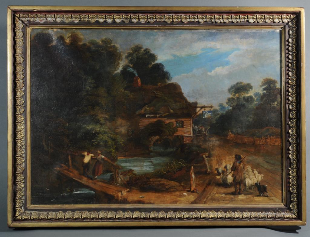 19th C English Oil on Canvas Exterior Tavern Scene: Shepard with dog, man and woman speaking at bridge, cart pulled up to tavern, swan-decorated hanging sign, no visible signature, framed. In as-found condition. Visible image: approx. 25" x 17 1/2". Fr