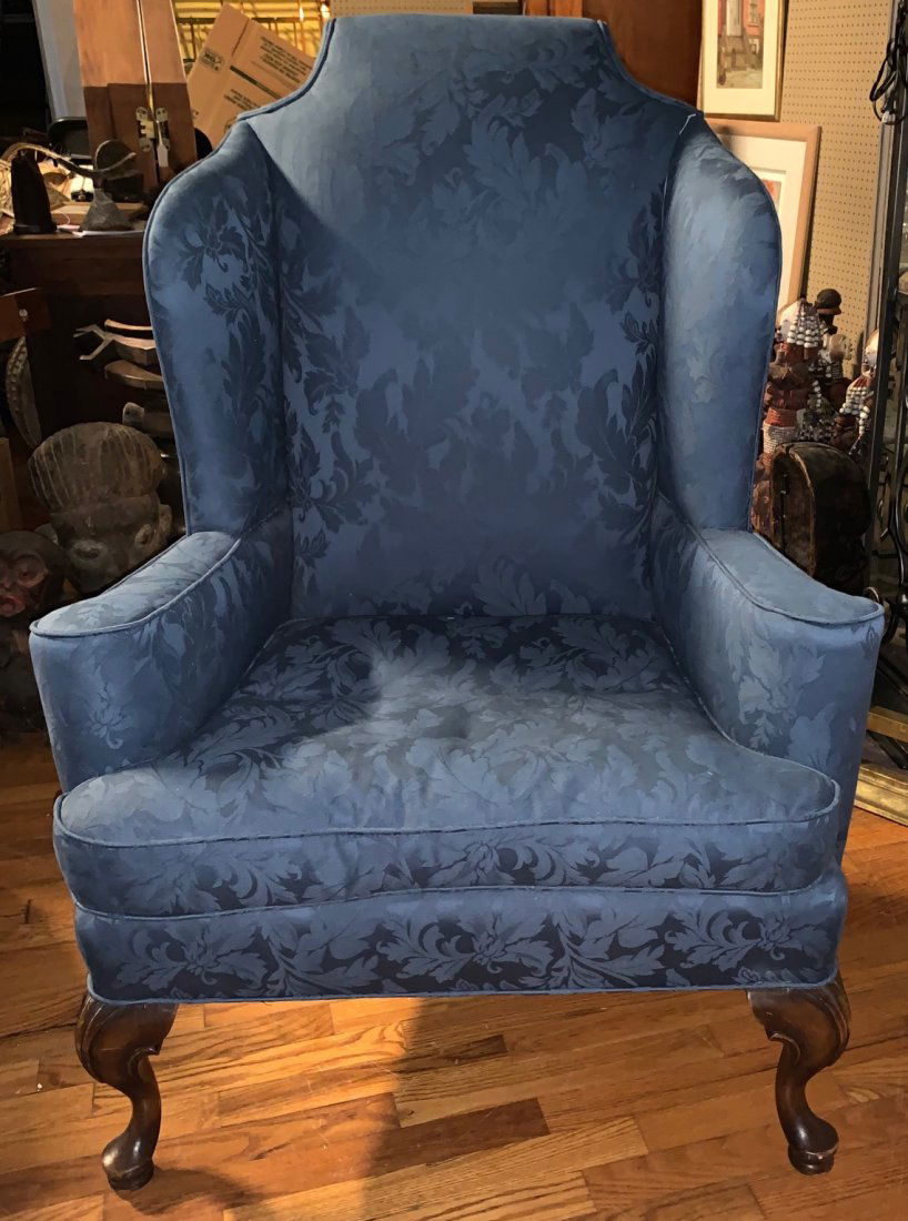 Reproduction PA Queen Anne Wingback Chair: Reproduction Pennsylvania Queen Anne wingback armchair, Blue brocade upholstery, cabriole legs and pad feet. H: approx. 46".