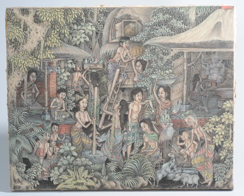 Bali Ubud Painting: Traditional Balinese painting signed W. Sudarso (?) from Ubud, showing aidyllic village scene in wonderful detail with lush foliage, thatched dwellings, and many people and animals going about their d