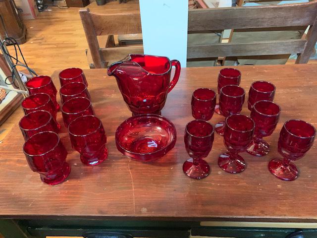 18 Piece Ruby Glass Lot: Including 8 stems, 8 cups, pitcher and bowl. No visible maker's marks. Pitcher H: approx. 7 1/2".