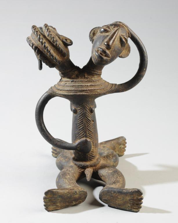 Lobi Bronze Male & Female Figure: Seated figure with male and female heads, one side of the body male and the other side female. Deep blackish patina. Lobi people, Burkina Faso. Approx. 10" height. Provenance: Estate of Thomas McNemar