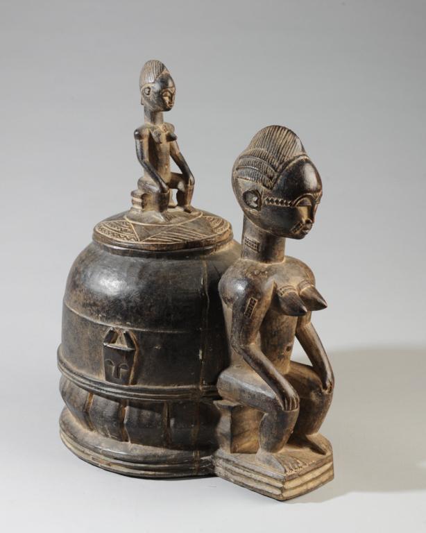 Baule Mouse Oracle Box: Well carved oracle box, with seated female figures in front and at lid displaying Baule ideals of feminine beauty with downcast eyes, delicate features, facial and body scarification, and carefully ar