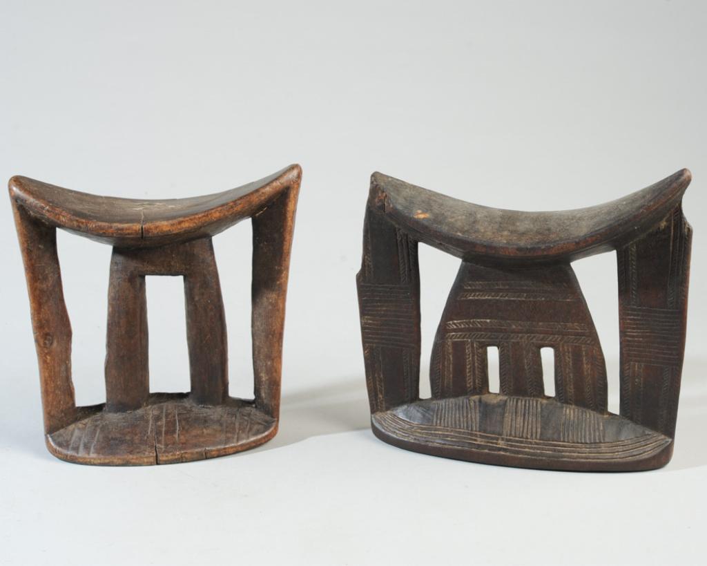 Two Kambatta Headrests: Both appear used. Incised decoration. Ethiopia. Approx. 7 1/4" and 7" in height. Provenance: Estate of Thomas McNemar, (1931-2019.) McNemar lived and collected throughout Central and West Africa in th