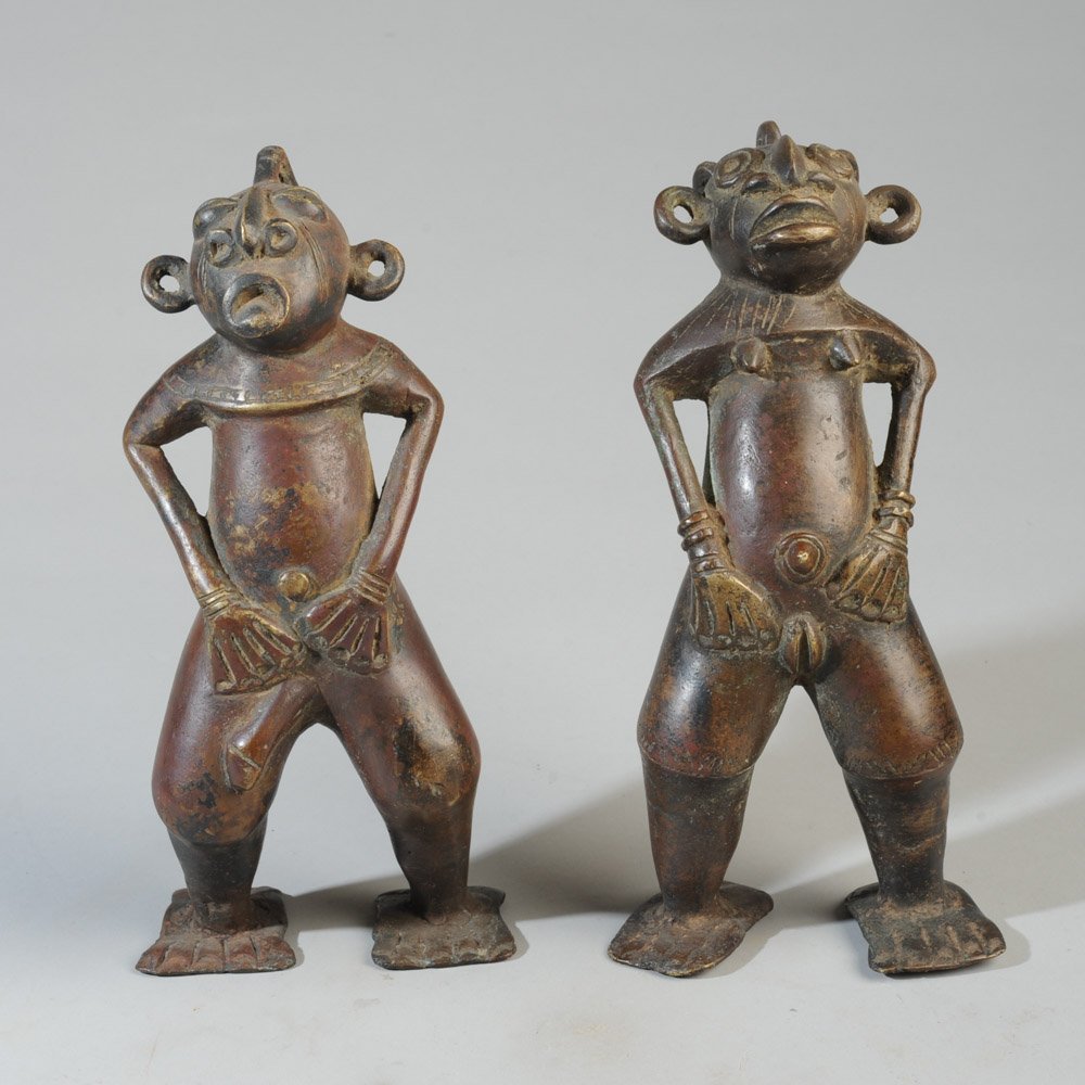 Lobi Bronze Male & Female Pair Figures: Lobi people, Burkina Faso. Approx. 9 1/2" in height. Provenance: Estate of Thomas McNemar, (1931-2019.) McNemar lived and collected throughout Central and West Africa in the 1960s and 70s. He establis