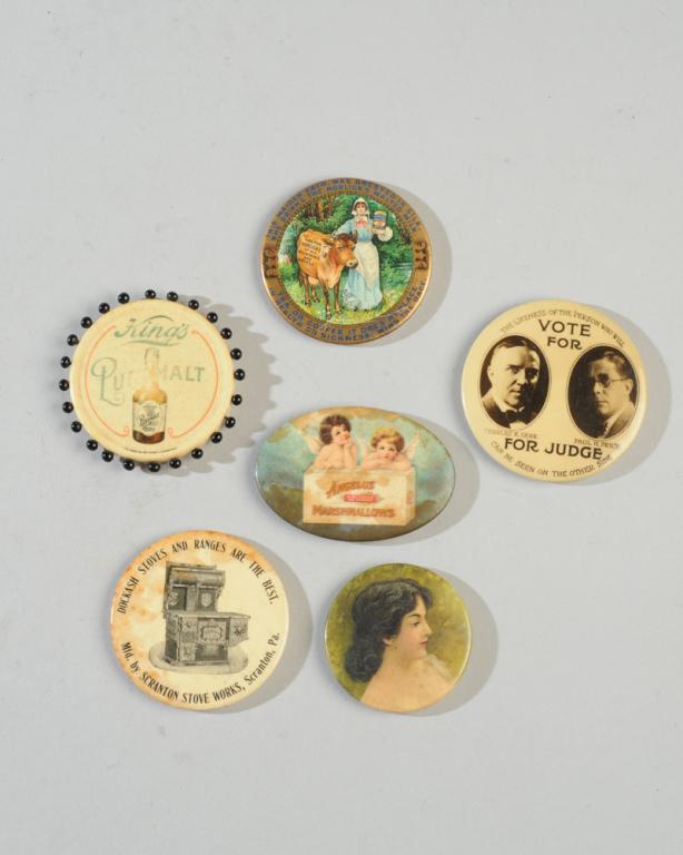 Celluloid Mirror Lot: King's Pure Malt, Angelus Marshmallows (stains), Horlick's Malted Milk (as-is), Scranton Stoveworks (stains), "Vote for Derr & Price for Judge", pretty lady.Largest dia: approx. 2 1/4".