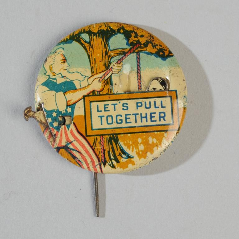 Uncle Sam WWII Button: "Let's Pull Together" showing Uncle Sam lynching Hitler, mechanical pinback.Dia: approx. 1 3/4".