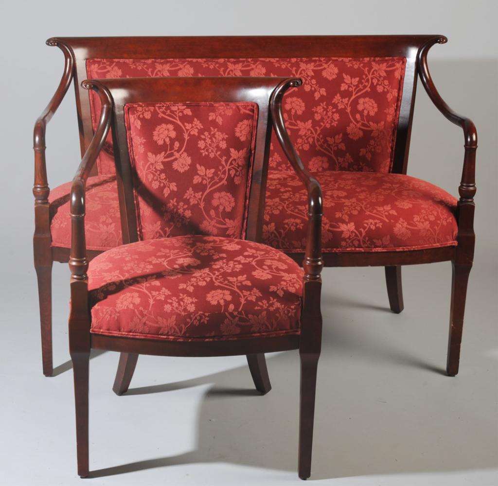 Early 20th C. Settee & Arm Chair: Elegant design, red floral upholstery.