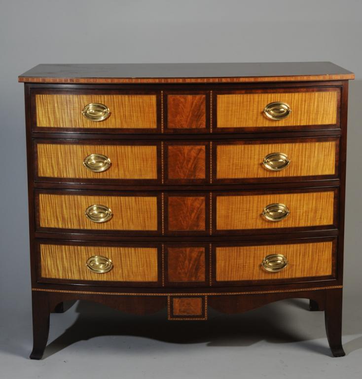 Stickley Williamsburg Reserve Collection Chest: Stickley Colonial Williamsburg Reserve Collection Bassett Hall Chest of Drawers, Mahogany, with Mahogany and Tiger Maple veneers, maker's mark and paper label to drawer interior.H: approx. 36".W: appr