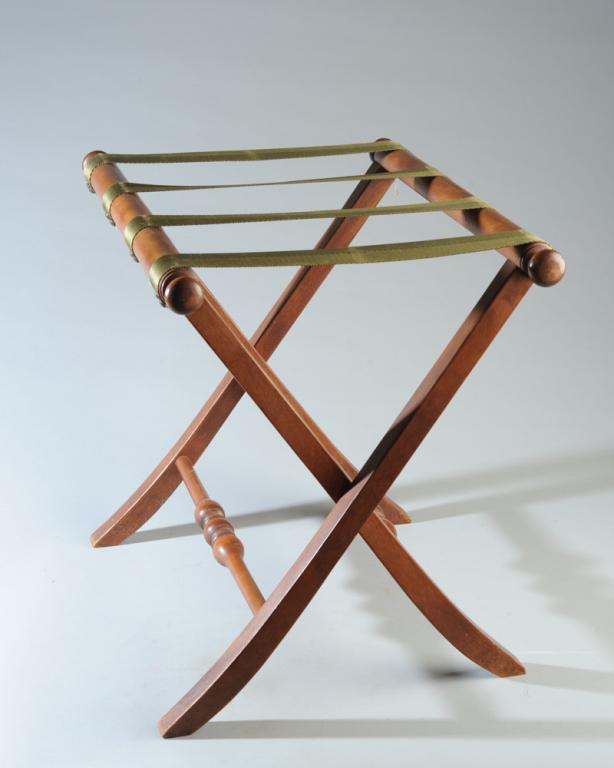 Vintage Luggage Rack: Turned stretchers, surface wear / in as-found condition.H: approx. 19" open.W: approx. 21 1/2".D: approx. 15" open.