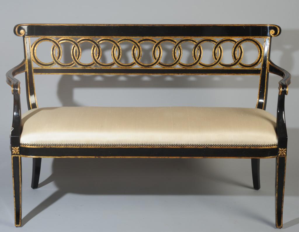 Maitland Smith Regency Style Settee: Regency style Settee by Maitland Smith, black and gilt painted, silk upholstery, maker's label to underside.H: approx. 36".L: approx. 57 1/2".