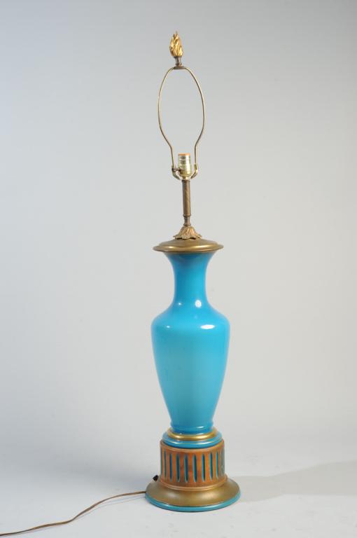 French Blue Opaline Glass Vase as Lamp: 19th C. large French blue opaline glass baluster vase with gilt bands, mounted as lamp circa 1920s, with blue and gilt painted fluted wood base and fabulous gilt flame finial. Height to top of vase, a
