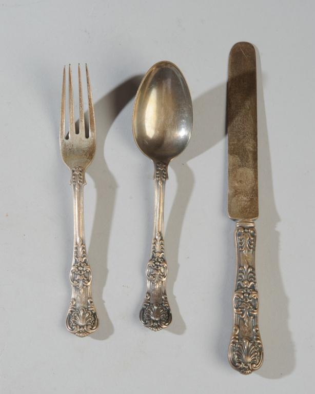 19th C. Tiffany & Co. Sterling Silver Flatware: Sterling silver table knife, fork and spoon in the English King pattern, designed by Charles Grosjean and introduced in 1885.Longest: approx. 7 1/2".Total weight: approx. 4.46 ozt.