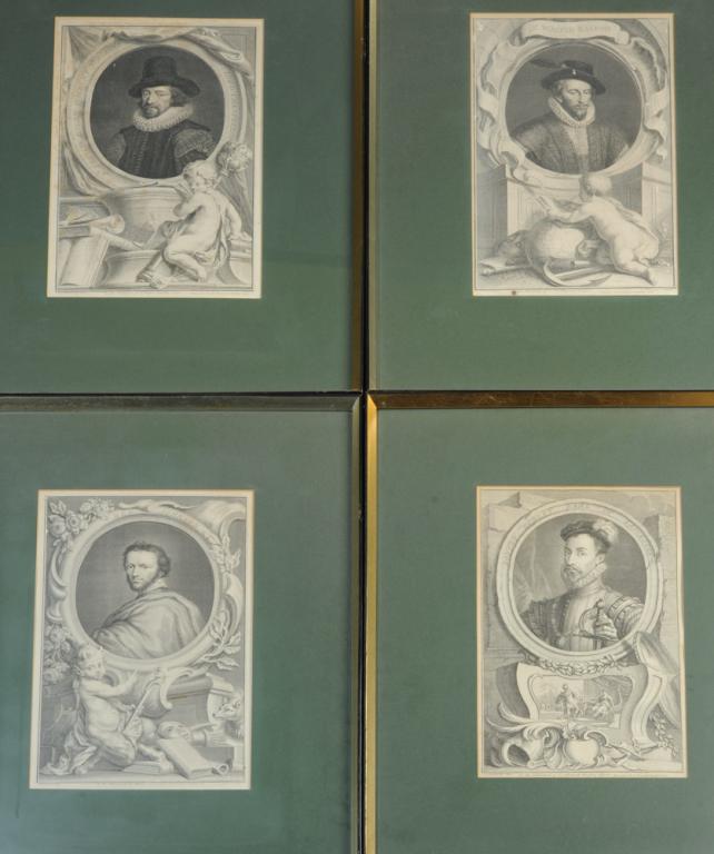 Jacobus Houbraken (Dutch, 1698-1780): Four 18th C. copper plate engravings from the series "The Heads of Illustrious Persons of Great Britain". Portraits include Sir Francis Bacon, Sir Walter Raleigh, Ben Johnson, and Robert Dudley, Earl