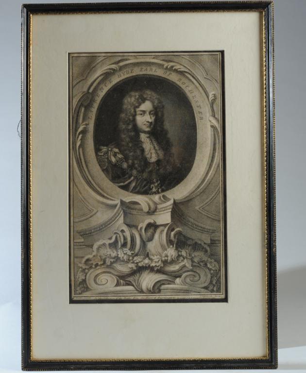 Jacobus Houbraken (Dutch, 1698-1780): 18th c. copper engraving portrait of Laurence Hyde, Earl of Rochester, by Jacobus Houbraken after a painting by Sir Godfrey Kneller. Published 1741 by I. & P. Knapdom, London. Foxing. Not examined out
