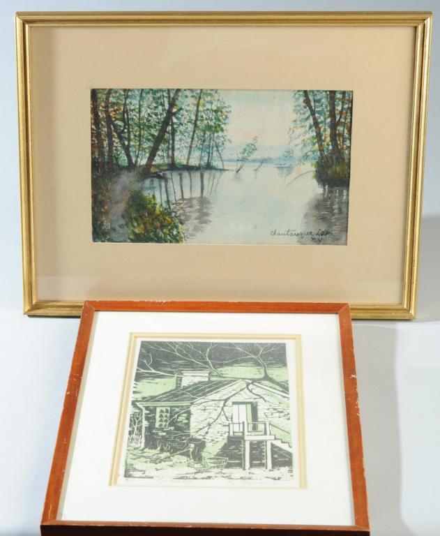 1961 Woodcut by R. Payne, Watercolor: Green and black woodblock print entitled "Crackerbox", showing a man raking outside a humble house. Numbered in pencil 4/10 and signed and dated "R. Payne, '61". Sight, approx. 9 1/4" x 6". Frame, app