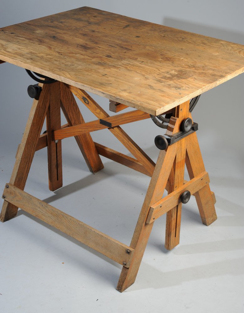 Early 20th C. Keuffel & Esser Co. Drafting Table: "Popular" Oak drafting table, with maker's mark to underside. Top shows surface wear and staining, in as-found condition.H: adjustable, approx. 34" as photographed.Top: approx. 42" x 31".