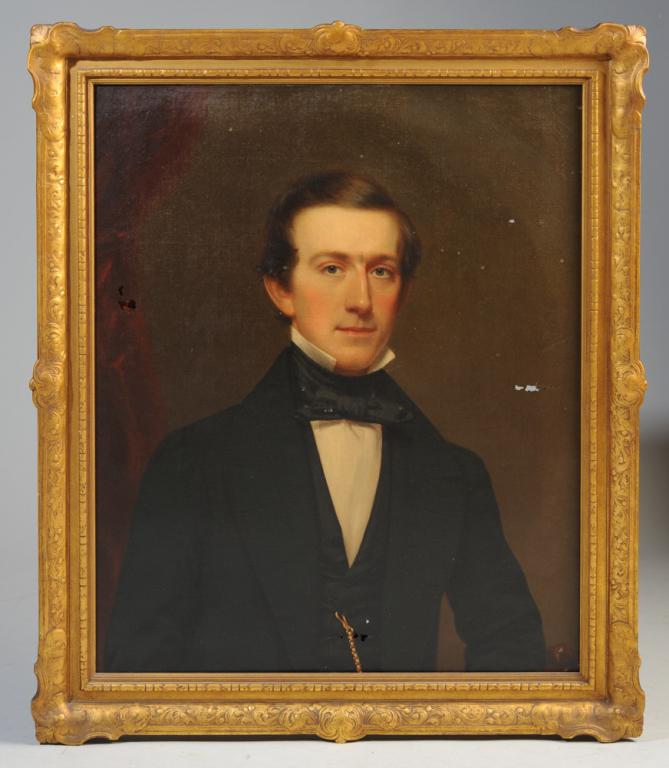 Frederick Spencer (1806 - 1875) Portrait: Oil on canvas portrait of a gentleman by New York artist Frederick Spencer. On verso: "Painted by F. R. Spencer, Nov.1850." Stencil to verso stating canvas prepared by Theo. Kelley. Condition somewhat