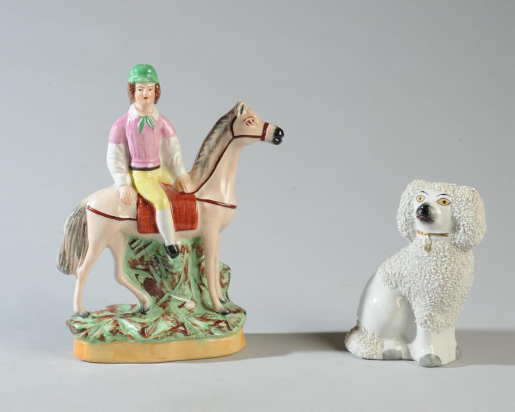 Two 20th C. Staffordshire Figures by William Kent: Poodle and Horseback Rider, both marked to underside, poodle with minor paint loss to nose, no visible chips, cracks or repairs.Tallest H: approx. 7".
