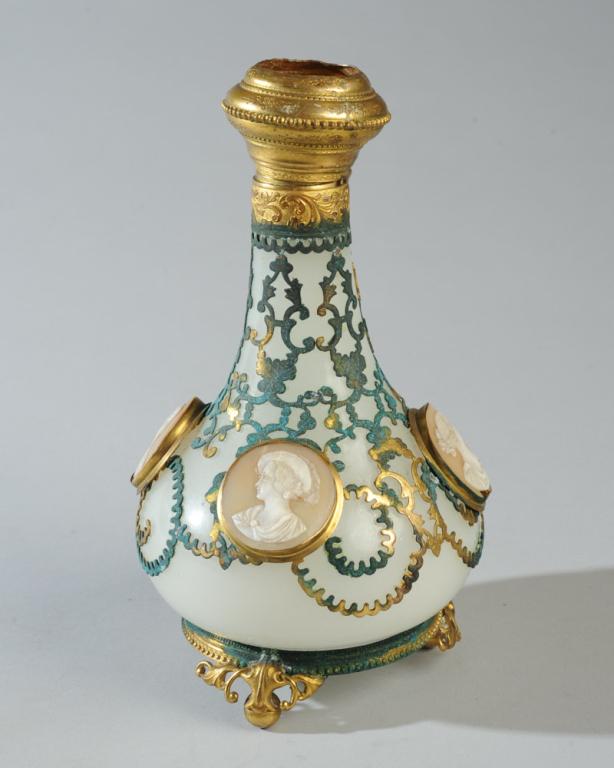 Antique Ormalu Mounted French Perfume Bottle: Antique French Palais Royal opaline perfume bottle with ormalue mounts with gilt accents and four carved cameos, corrosion / in as-found condition.H: approx. 7 1/4".