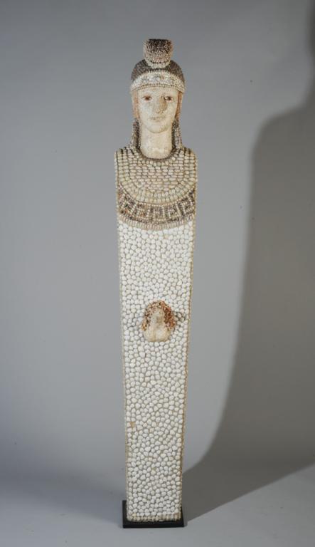 Barton Lidice Benes (1942-2012) Sculpture: Typically provocative sculpture by artist Barton Benes; a seashell and tile mosaic figure of a Greco-Roman soldier, the head with classical facial features and Trojan helmet, the body simplified to a