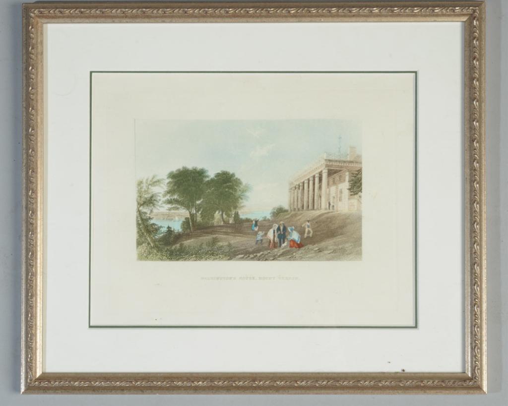 Engraving of Mount Vernon after Bartlett: "Washington's House, Mount Vernon" color engraving after William H. Barlett, matted and framed.Visible image: approx. 11 1/4" x 9".Frame: approx. 16 1/2" x 14".