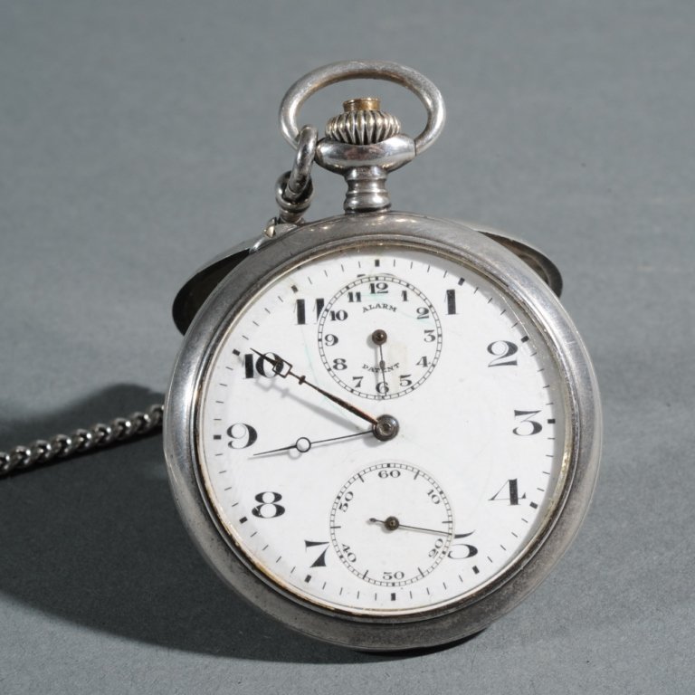 Copy or Audition Watch for Vacheron Constantin: Antique alarm pocket watch, copy of or audition piece for Vacheron Constantin, .900 silver, face with Arabic numerals, inside back cover marked "HF", "0.900", "119130", "S", backside of inside cover m