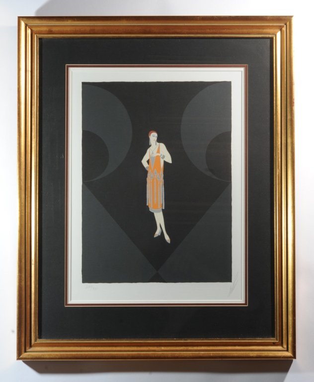 Signed Erte Lithograph, Circle Gallery: Erte lithograph entitled "Manhattan Mary", pencil numbered 239/300 lower left and signed in pencil by the artist lower right. Blind stamped copyright 1979 Circle F.A. Corp. Dramatic image in Orange, g